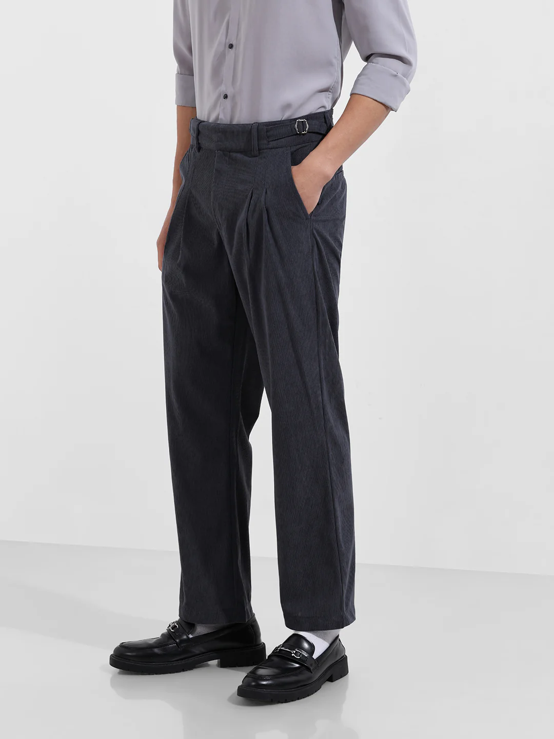 Men's Charcoal Relaxed Fit Textured Casual Trousers - Image 3