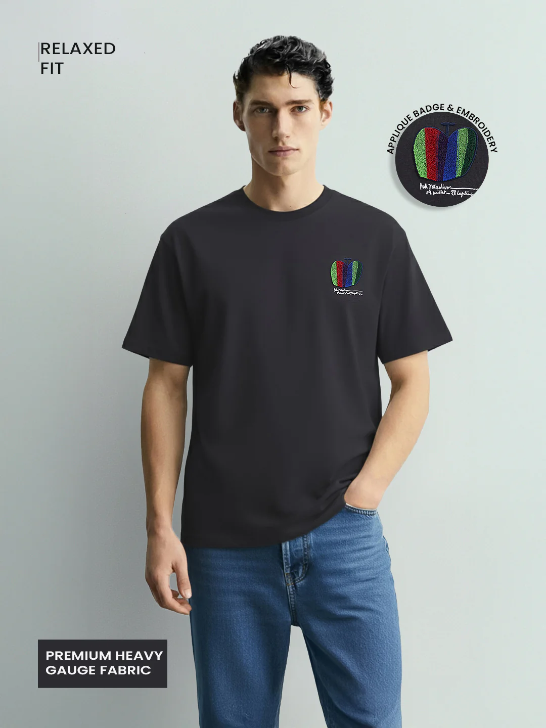 Men's Grey Relaxed Fit Embroided 240 GSM Casual T-Shirt - Image 4