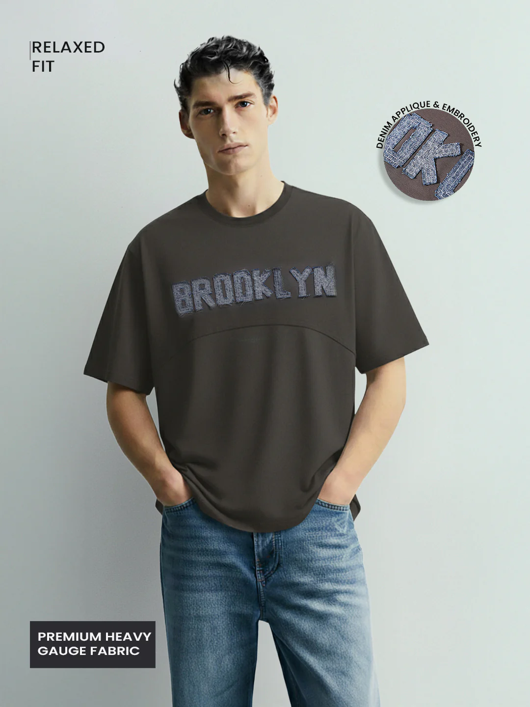 Men's Grey Relaxed Fit Embroided 240 GSM Casual T-Shirt - Image 3