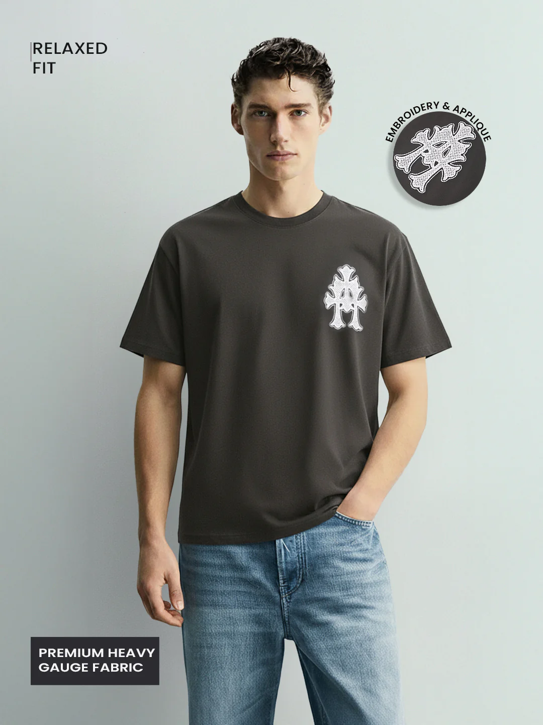 Men's Grey Relaxed Fit Embroided 240 GSM Casual T-Shirt - Image 4