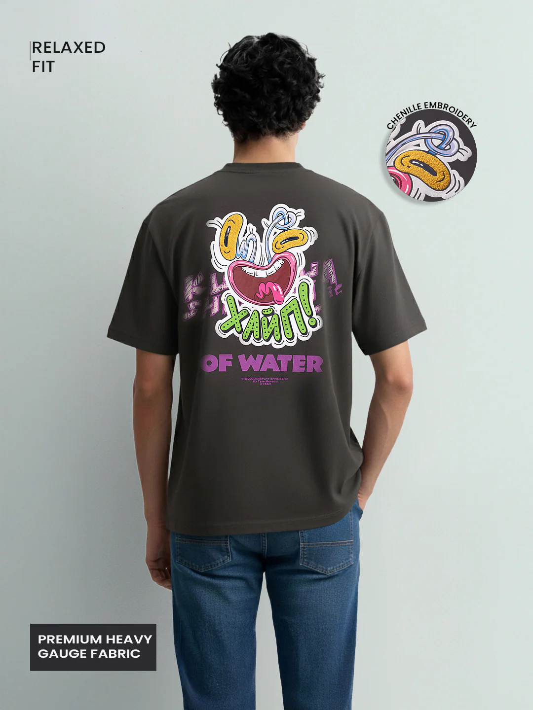 Men's Grey Relaxed Fit Embroided 240 GSM Graphic  T-Shirt - Image 3