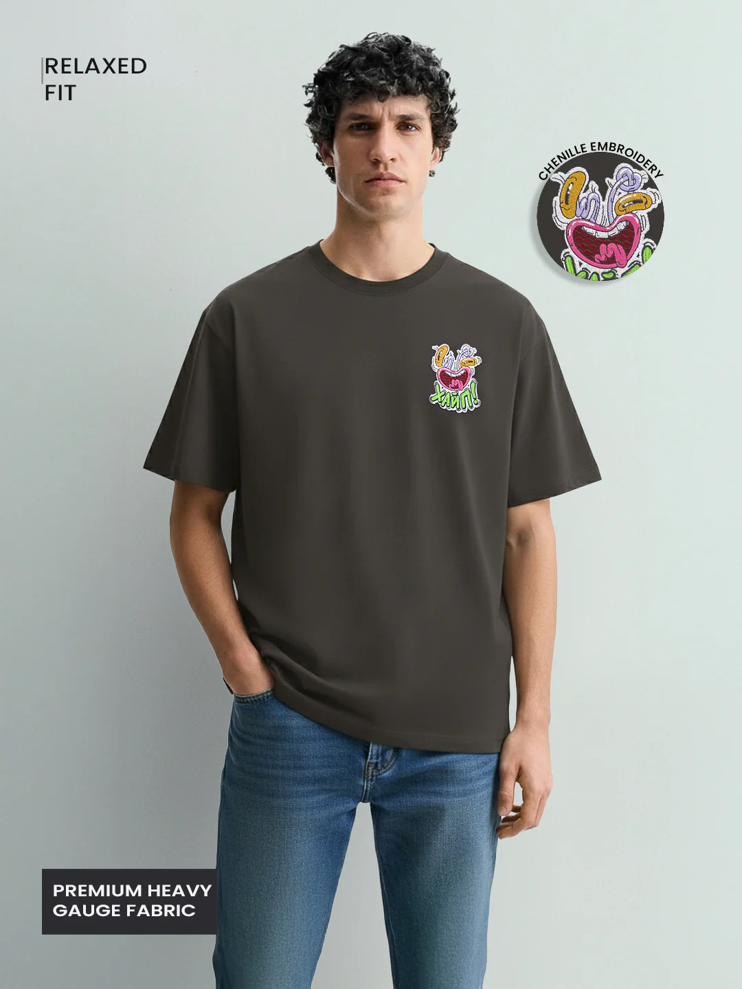 Men's Grey Relaxed Fit Embroided 240 GSM Graphic  T-Shirt - Image 4
