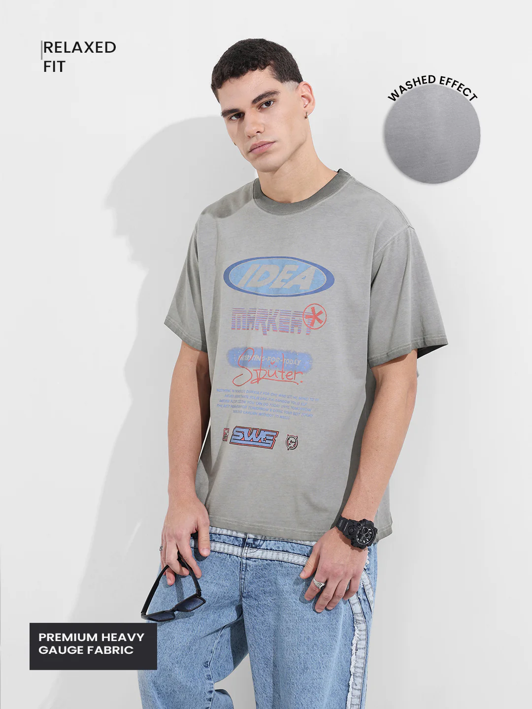 Men's Grey Relaxed Fit Graphic Printed 240 GSM Street Wear T-Shirt - Image 4