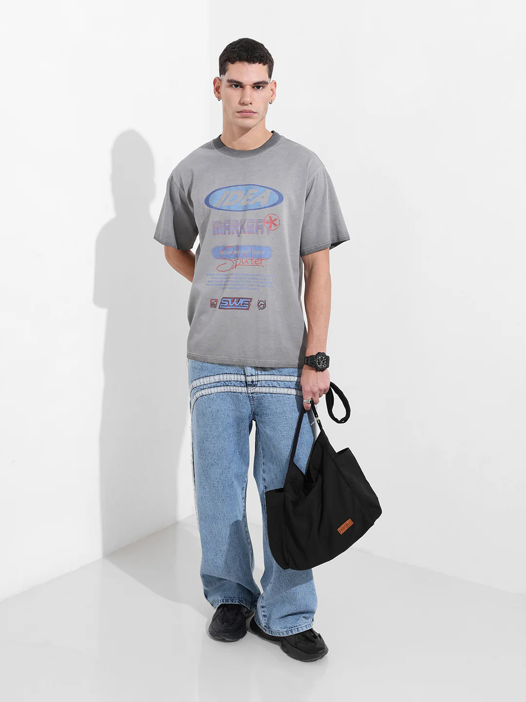 Men's Grey Relaxed Fit Graphic Printed 240 GSM Street Wear T-Shirt - Image 5
