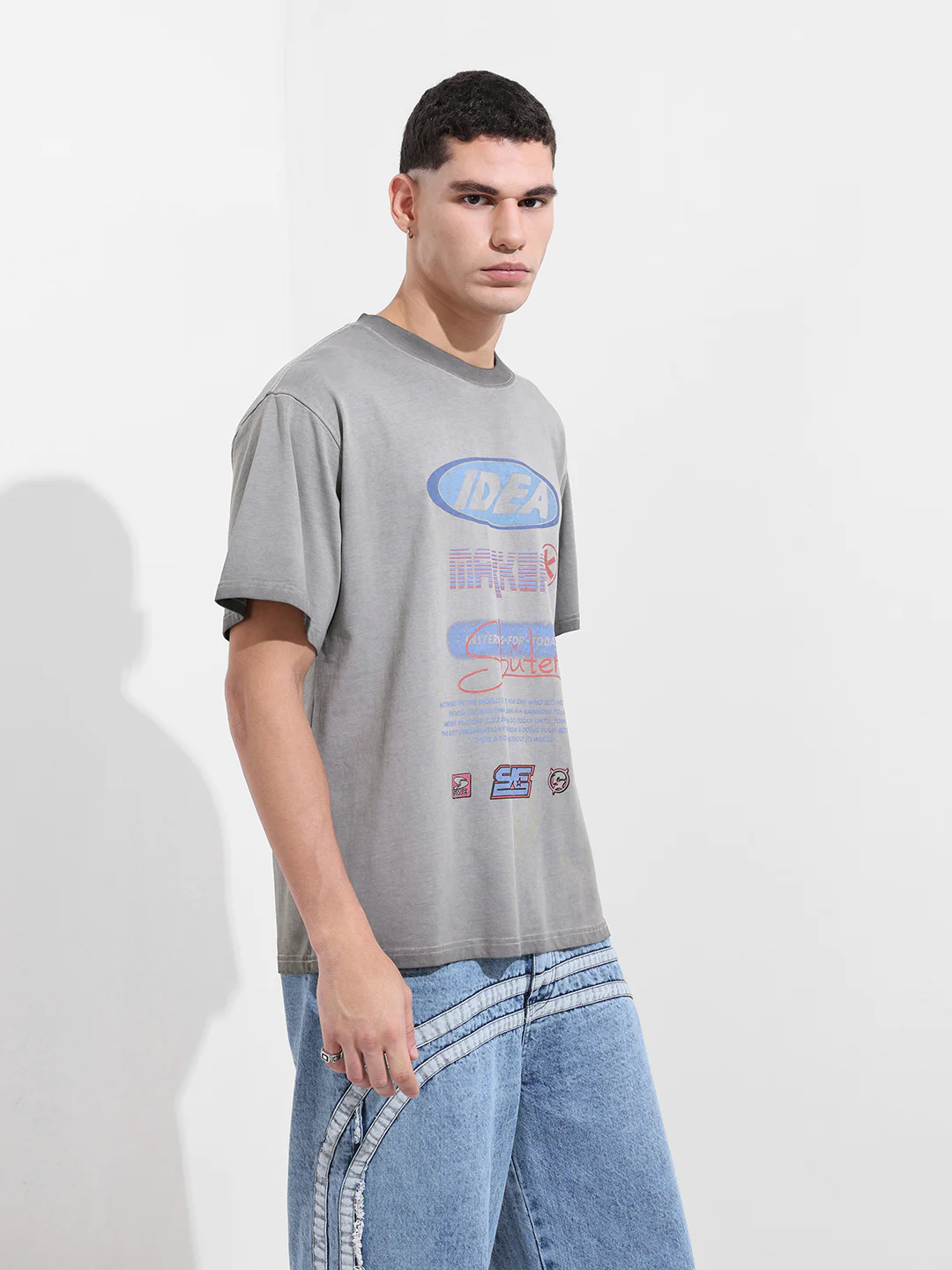 Men's Grey Relaxed Fit Graphic Printed 240 GSM Street Wear T-Shirt - Image 6
