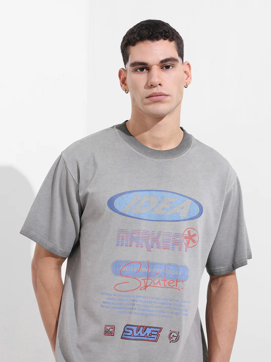 Men's Grey Relaxed Fit Graphic Printed 240 GSM Street Wear T-Shirt - Image 7