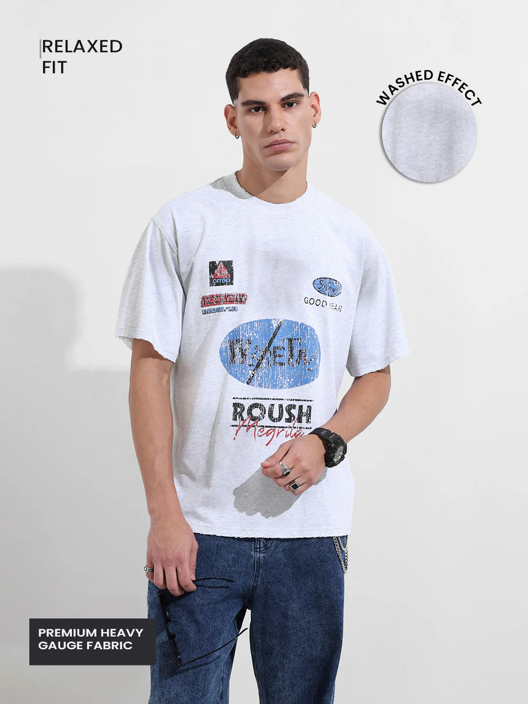 Men's Grey Relaxed Fit Graphic Printed 240 GSM Street Wear T-Shirt - Image 4