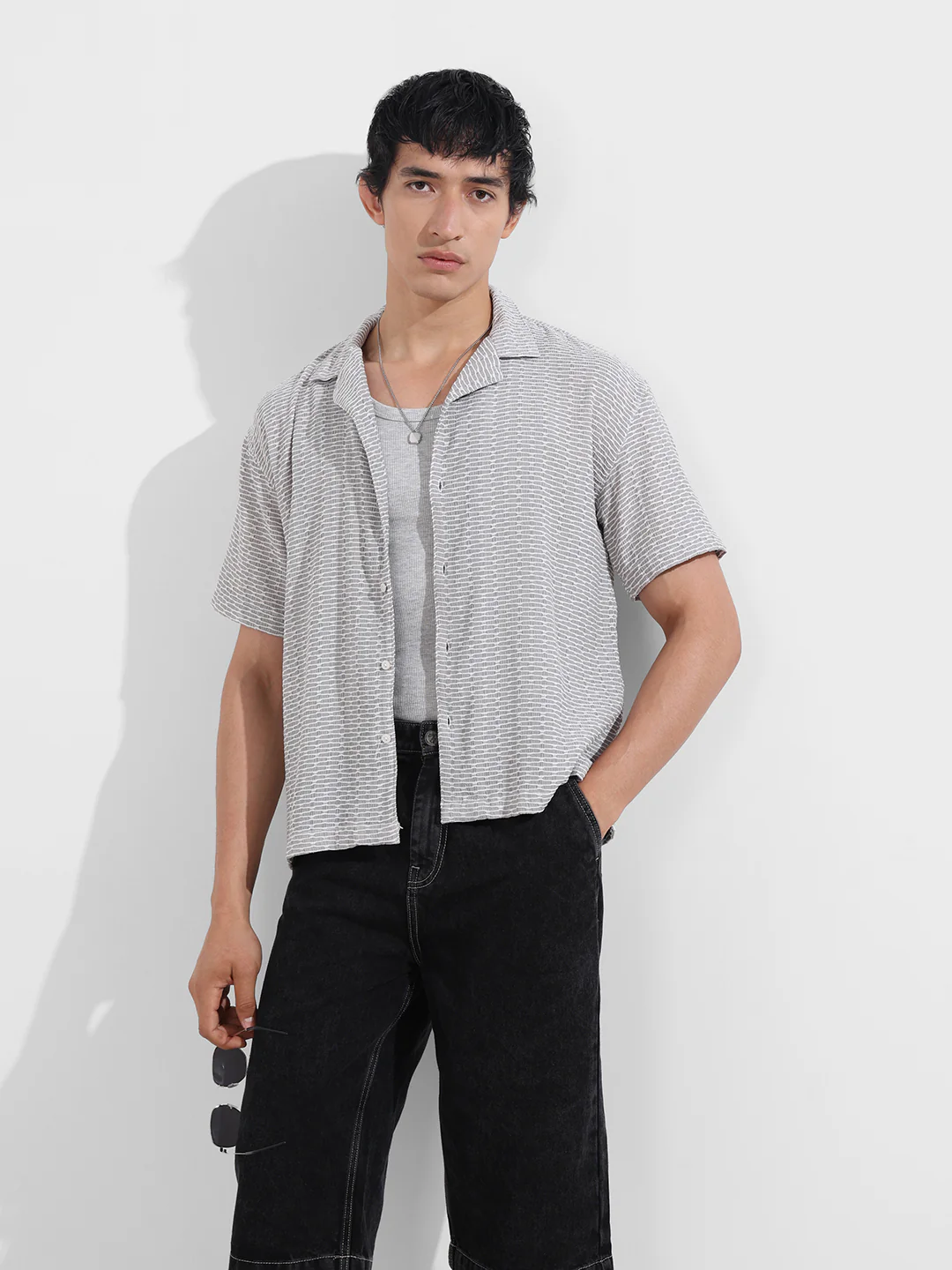 Men's Grey Relaxed Fit Resort Wear Textured Shirt - Image 2