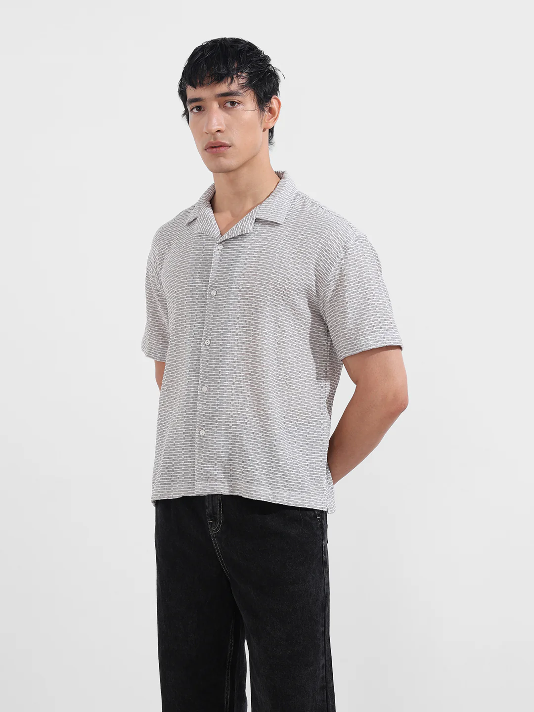 Men's Grey Relaxed Fit Resort Wear Textured Shirt - Image 4