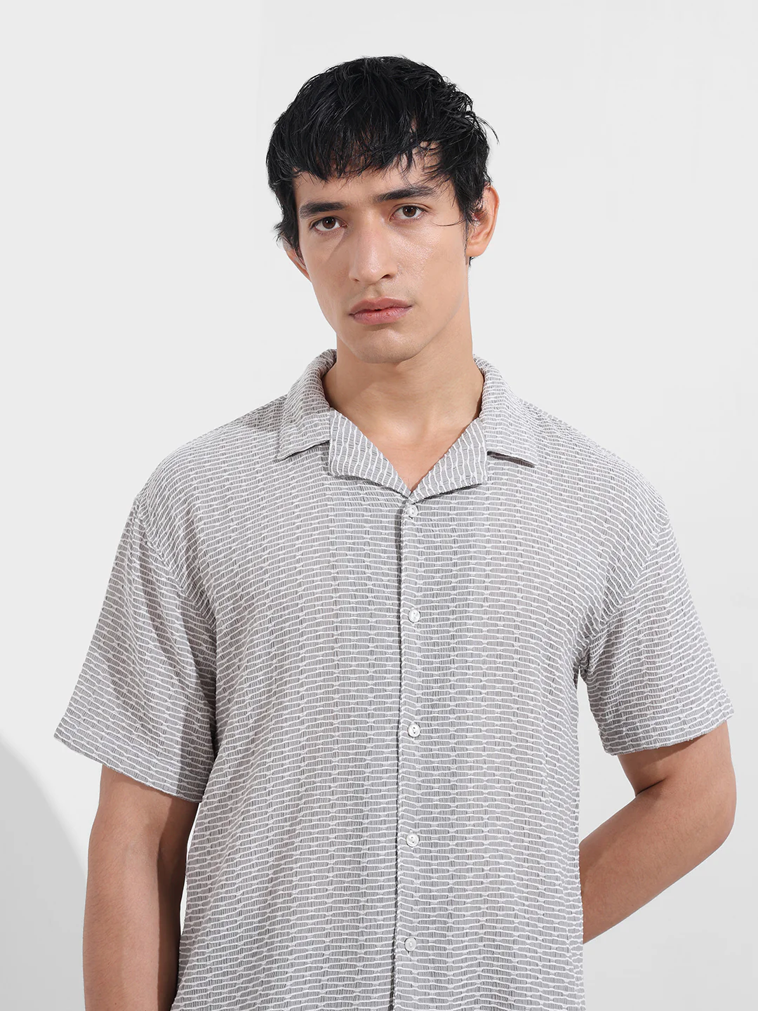 Men's Grey Relaxed Fit Resort Wear Textured Shirt - Image 5