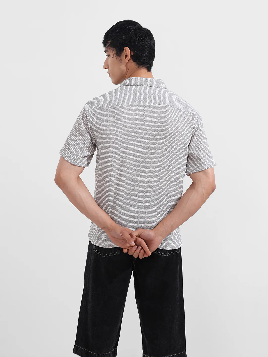 Men's Grey Relaxed Fit Resort Wear Textured Shirt - Image 6