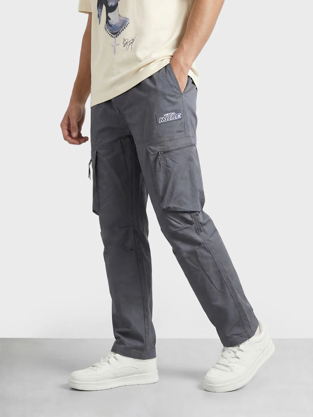 Men's Grey Relaxed Fit Solid Utility Cargo - Image 2