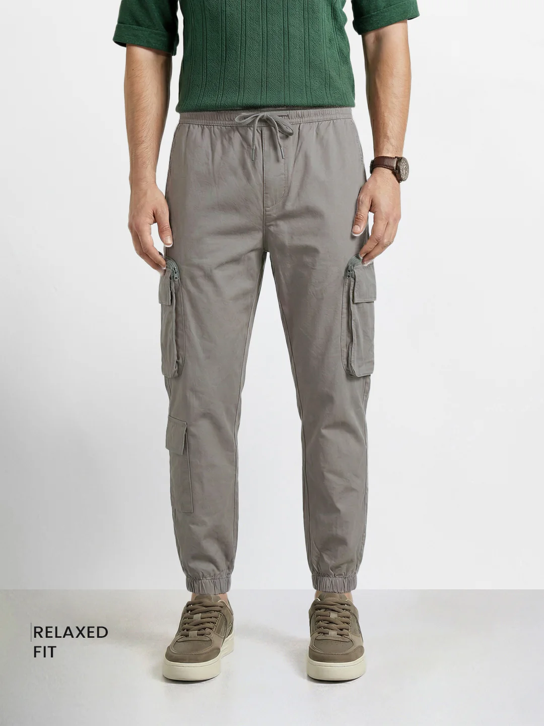 Men's Grey Relaxed Fit Solid Utility Cargo - Image 2