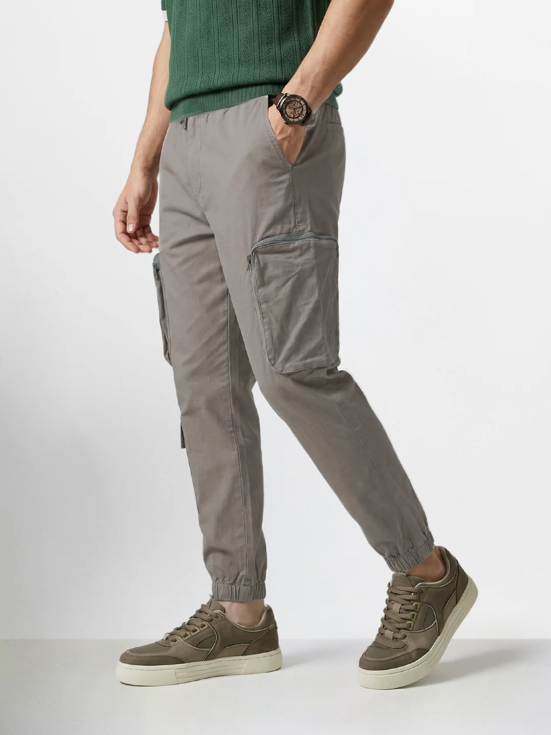 Men's Grey Relaxed Fit Solid Utility Cargo - Image 3