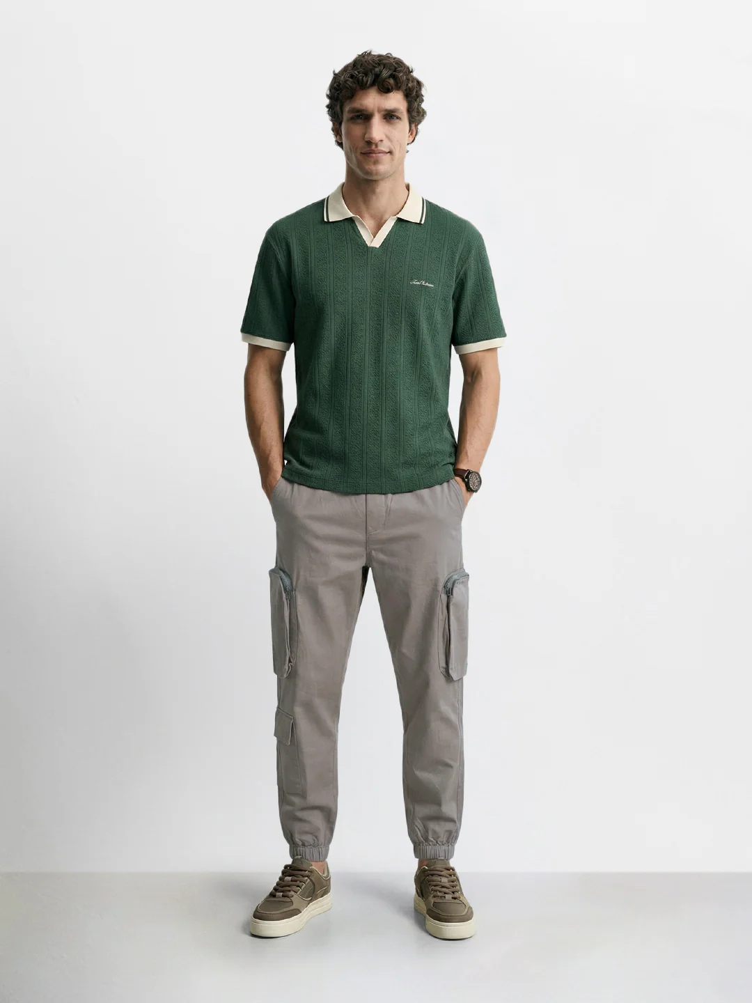 Men's Grey Relaxed Fit Solid Utility Cargo - Image 5