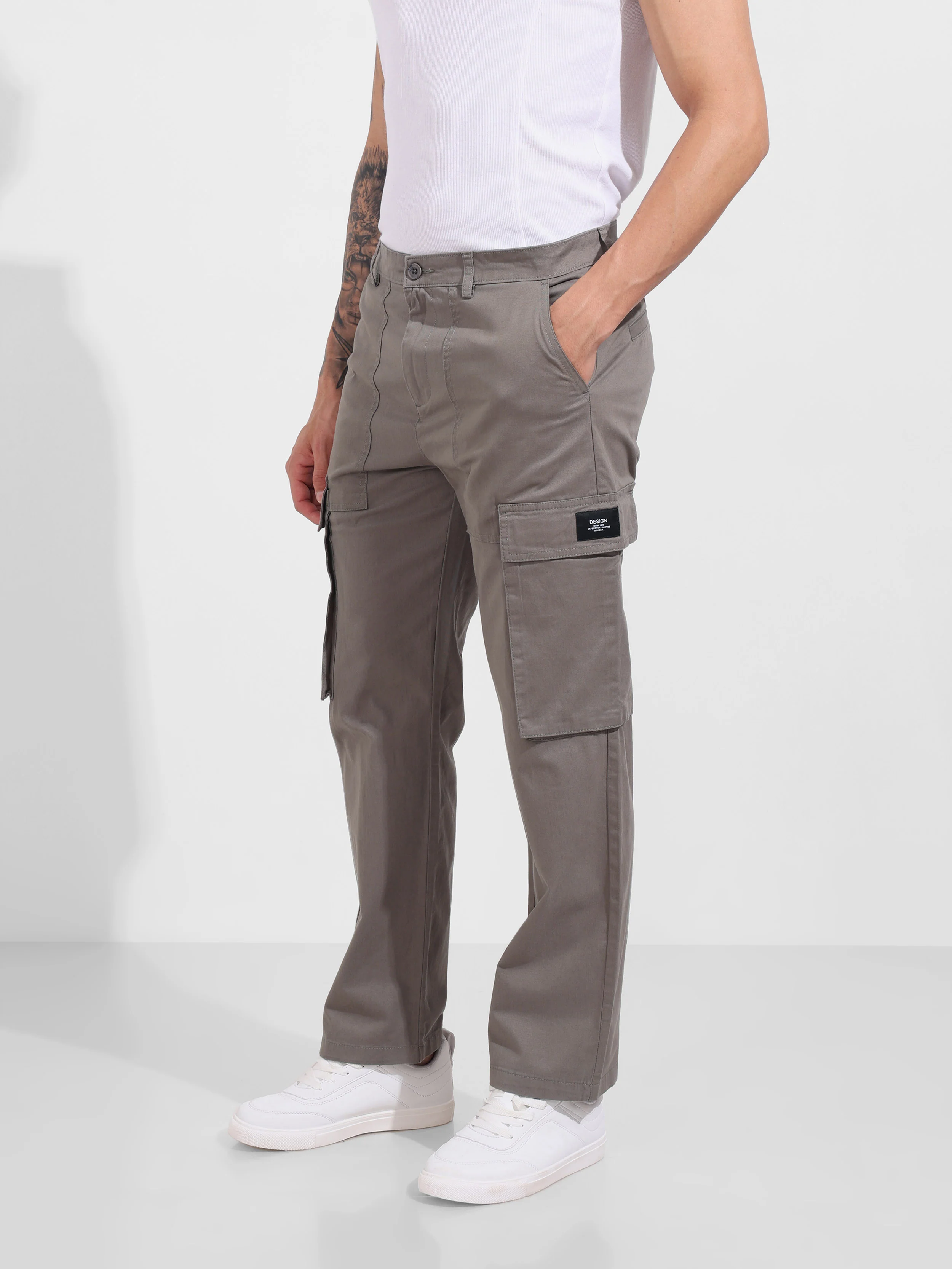 Men's Grey Relaxed Fit Solid Utility Cargo - Image 3