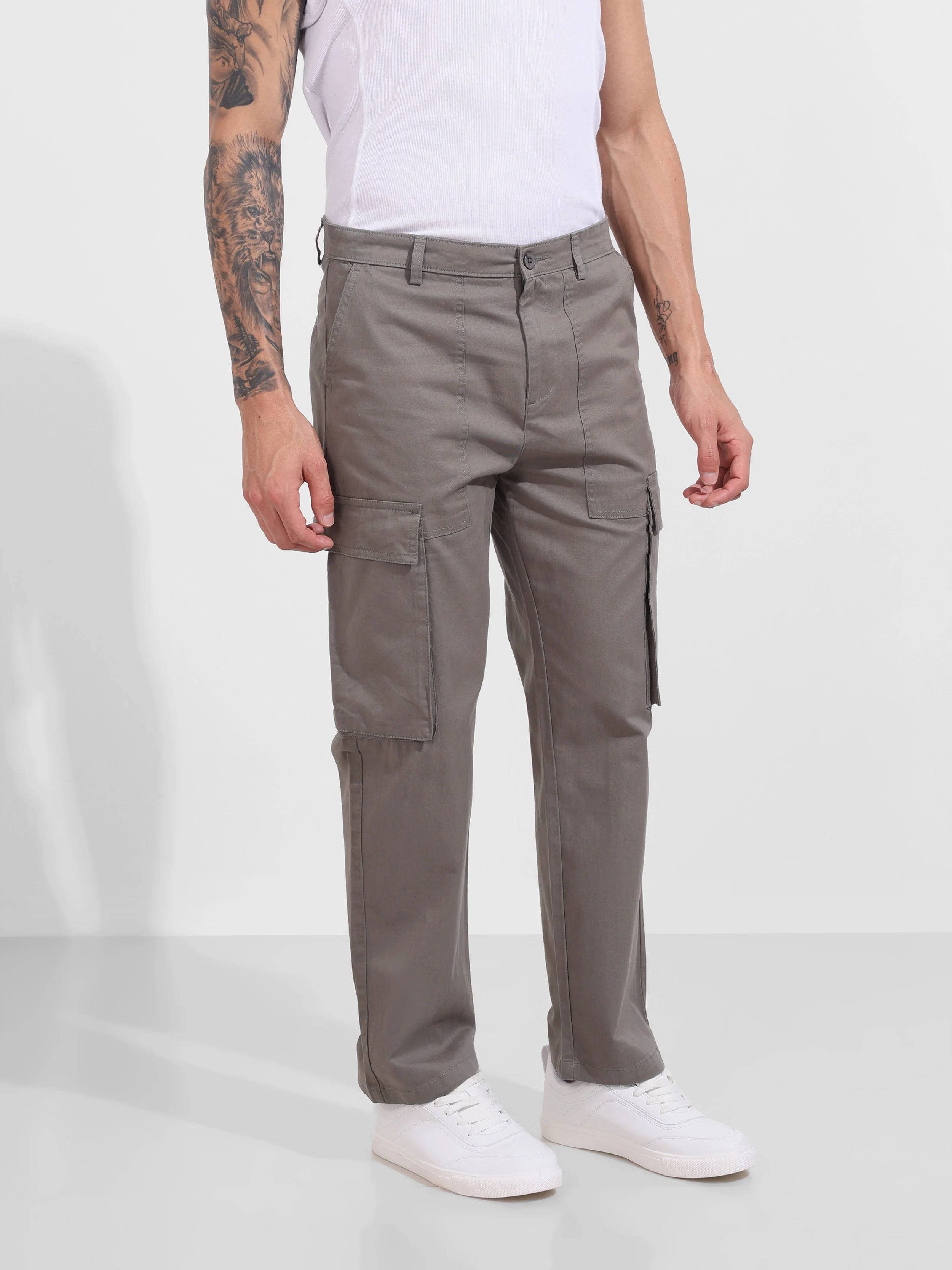 Men's Grey Relaxed Fit Solid Utility Cargo - Image 4