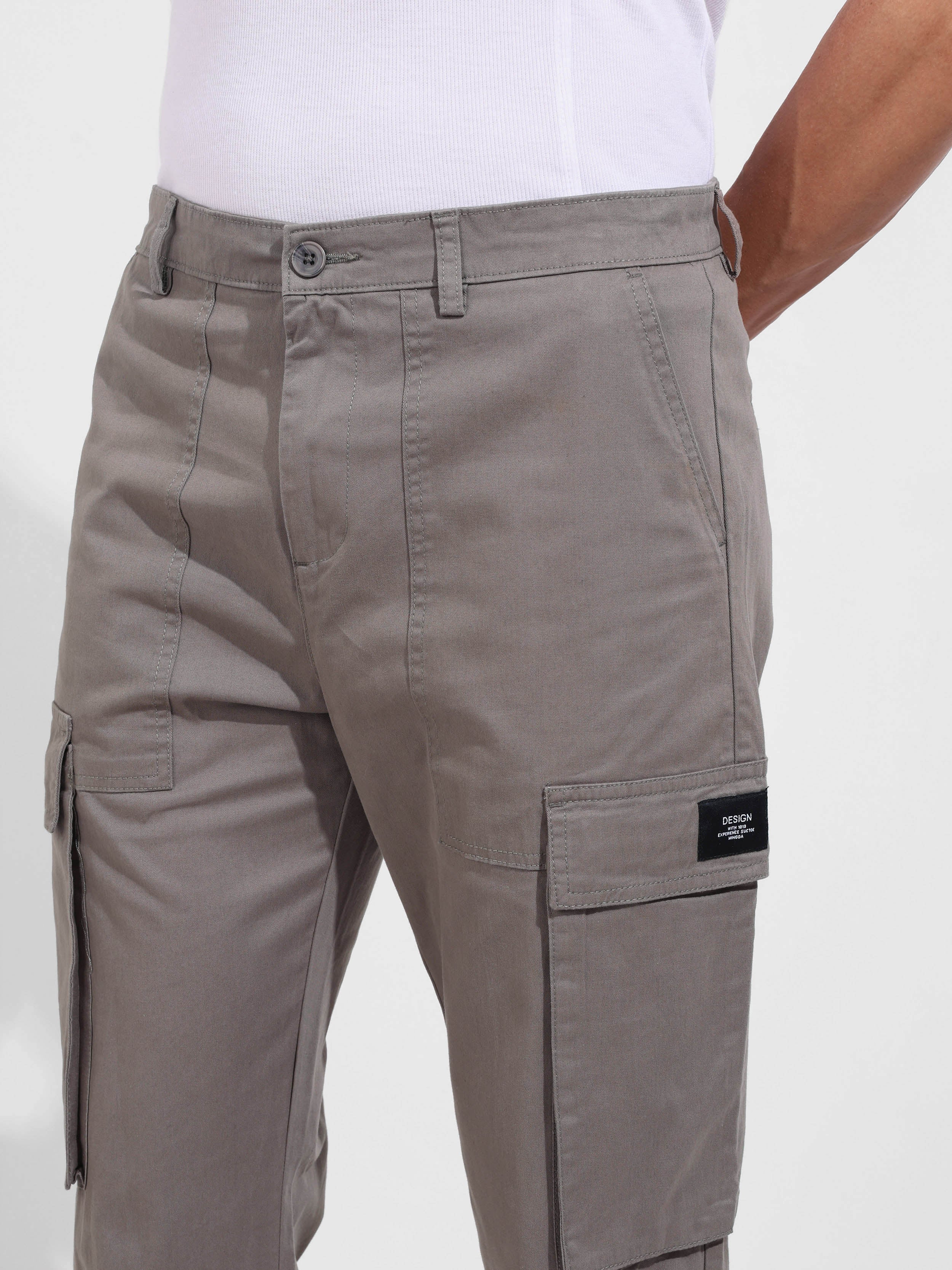 Men's Grey Relaxed Fit Solid Utility Cargo - Image 5