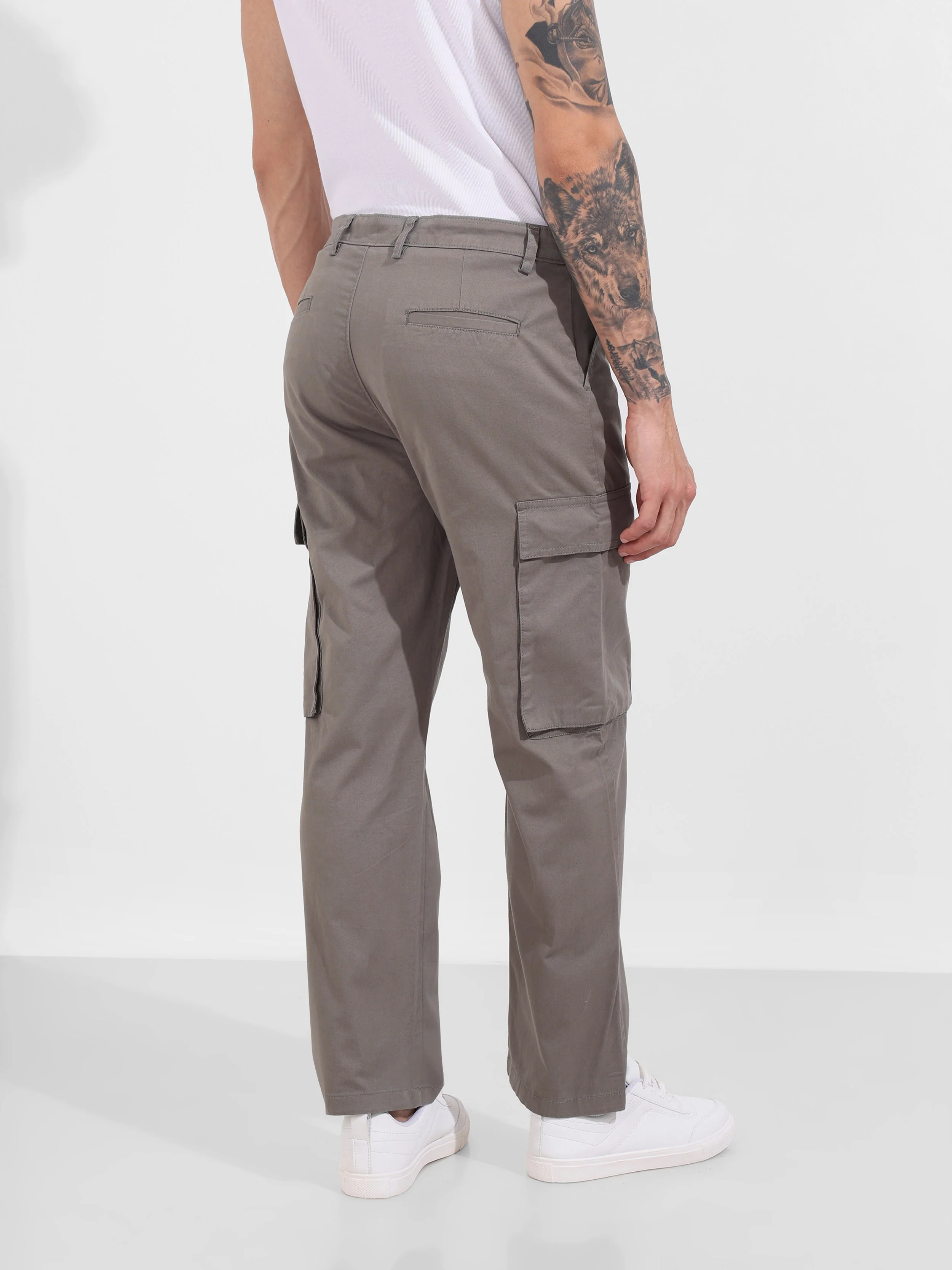 Men's Grey Relaxed Fit Solid Utility Cargo - Image 6