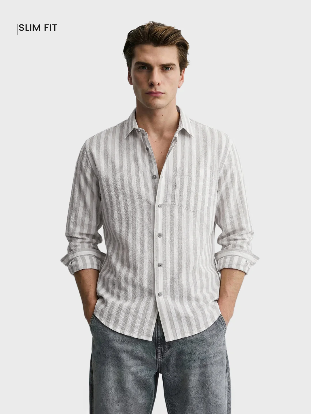Men's Grey Relaxed Fit Striped Casual Shirt - Image 2