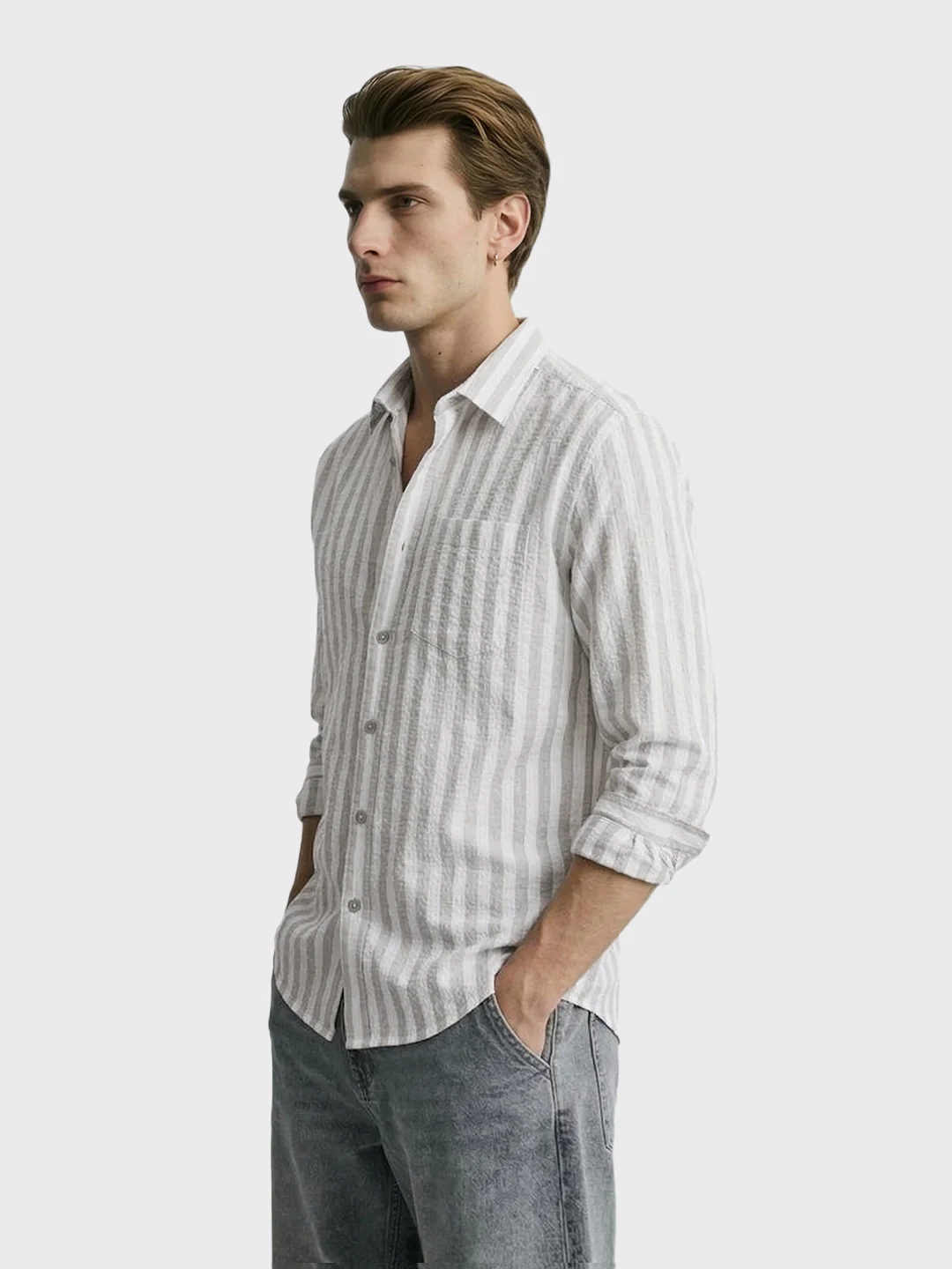 Men's Grey Relaxed Fit Striped Casual Shirt - Image 3