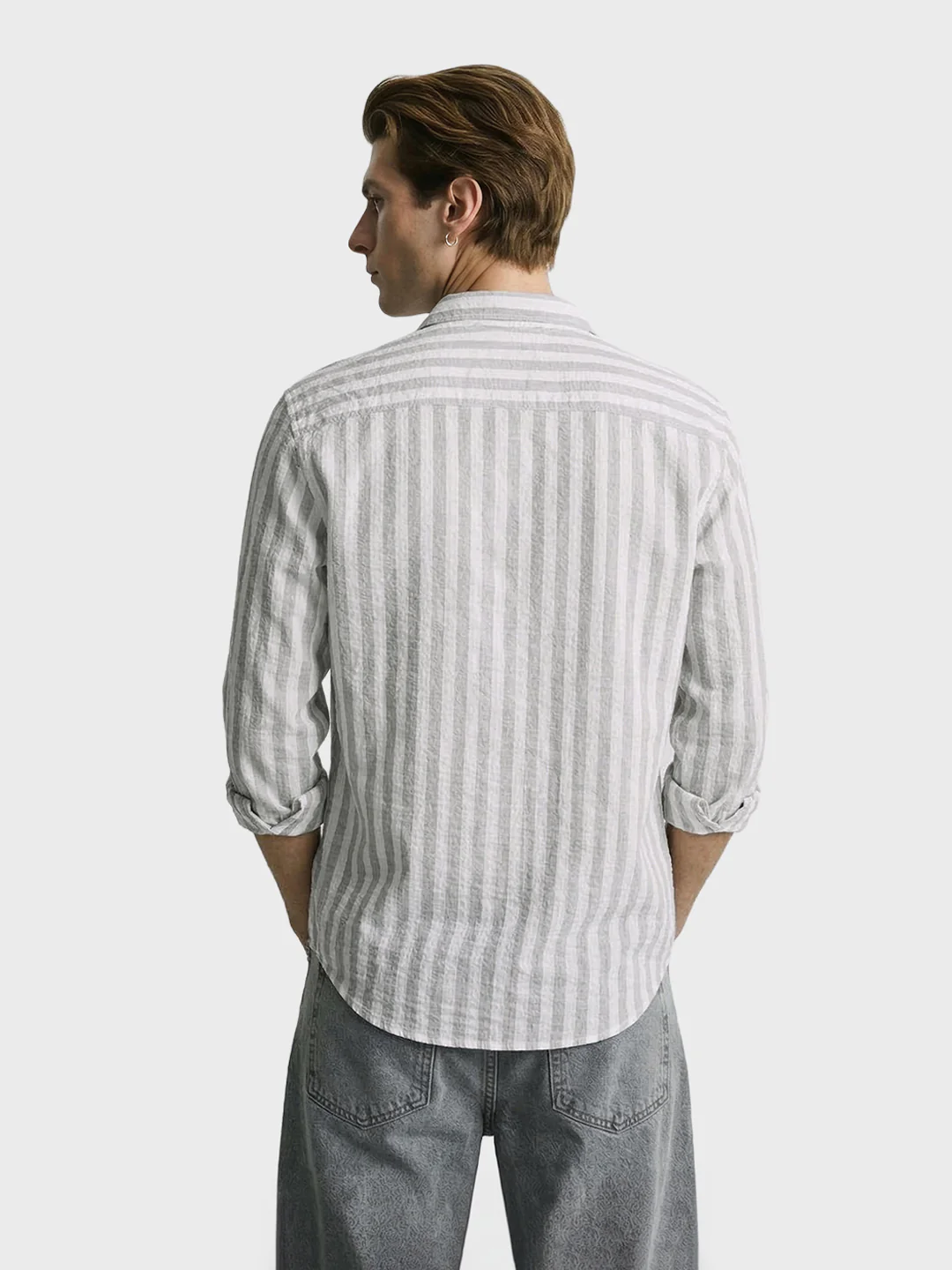 Men's Grey Relaxed Fit Striped Casual Shirt - Image 4