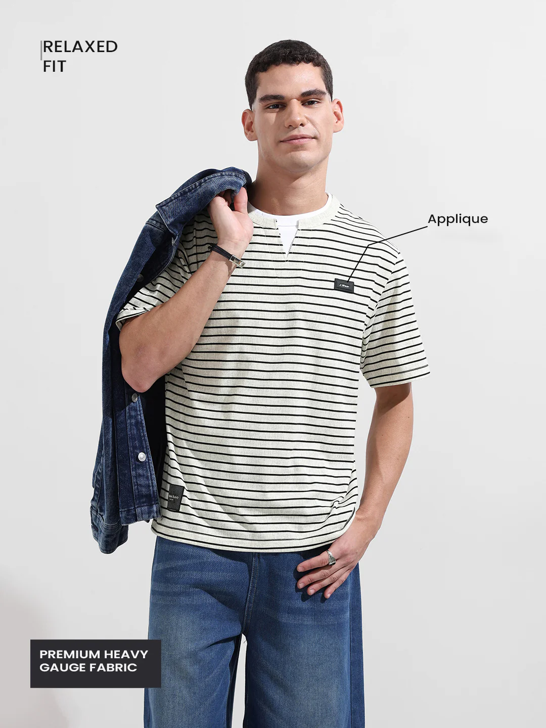 Men's Grey Relaxed Fit Striped 240 GSM Street Wear T-Shirt - Image 4