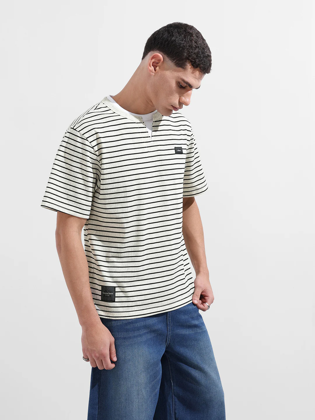 Men's Grey Relaxed Fit Striped 240 GSM Street Wear T-Shirt - Image 6
