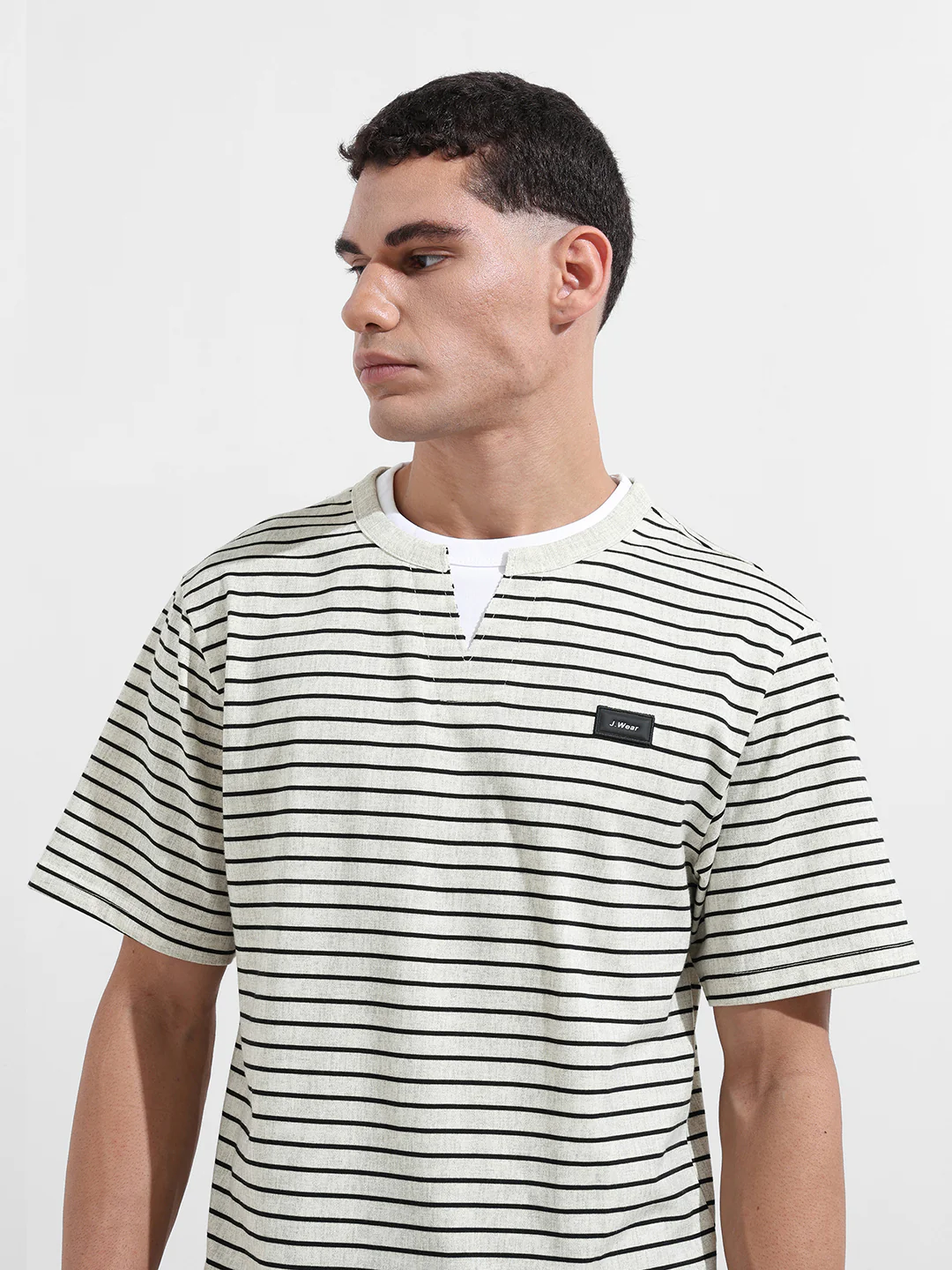 Men's Grey Relaxed Fit Striped 240 GSM Street Wear T-Shirt - Image 7