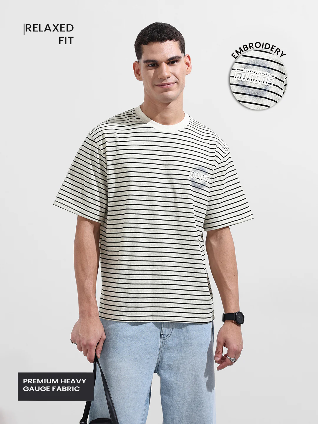 Men's Grey Relaxed Fit Striped 240 GSM Street Wear T-Shirt - Image 4