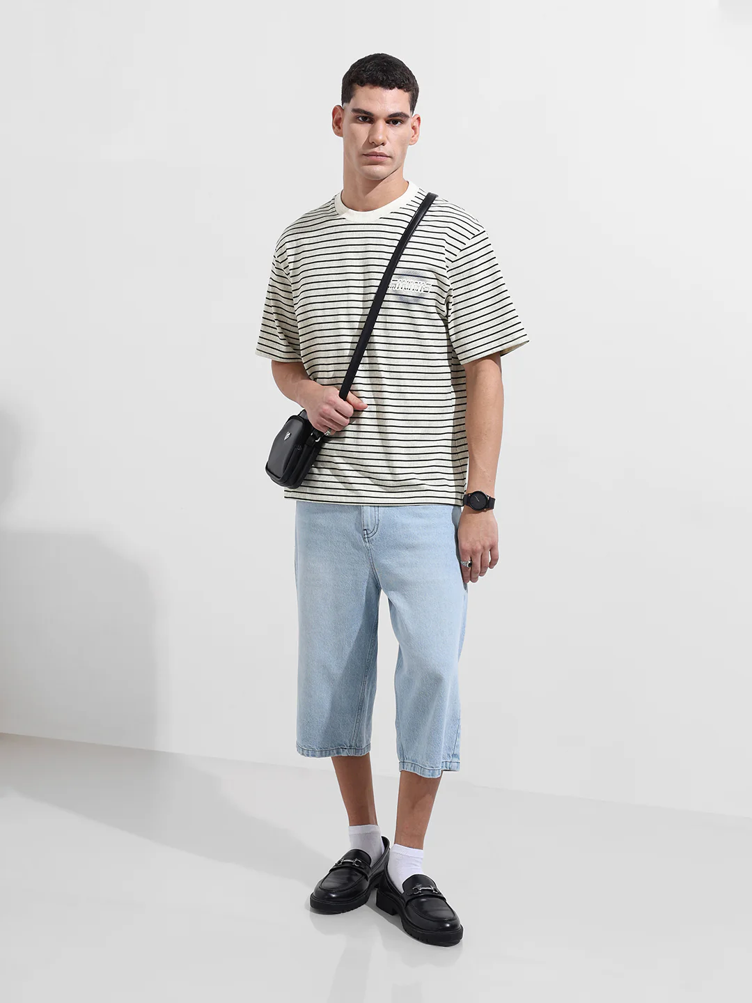 Men's Grey Relaxed Fit Striped 240 GSM Street Wear T-Shirt - Image 5