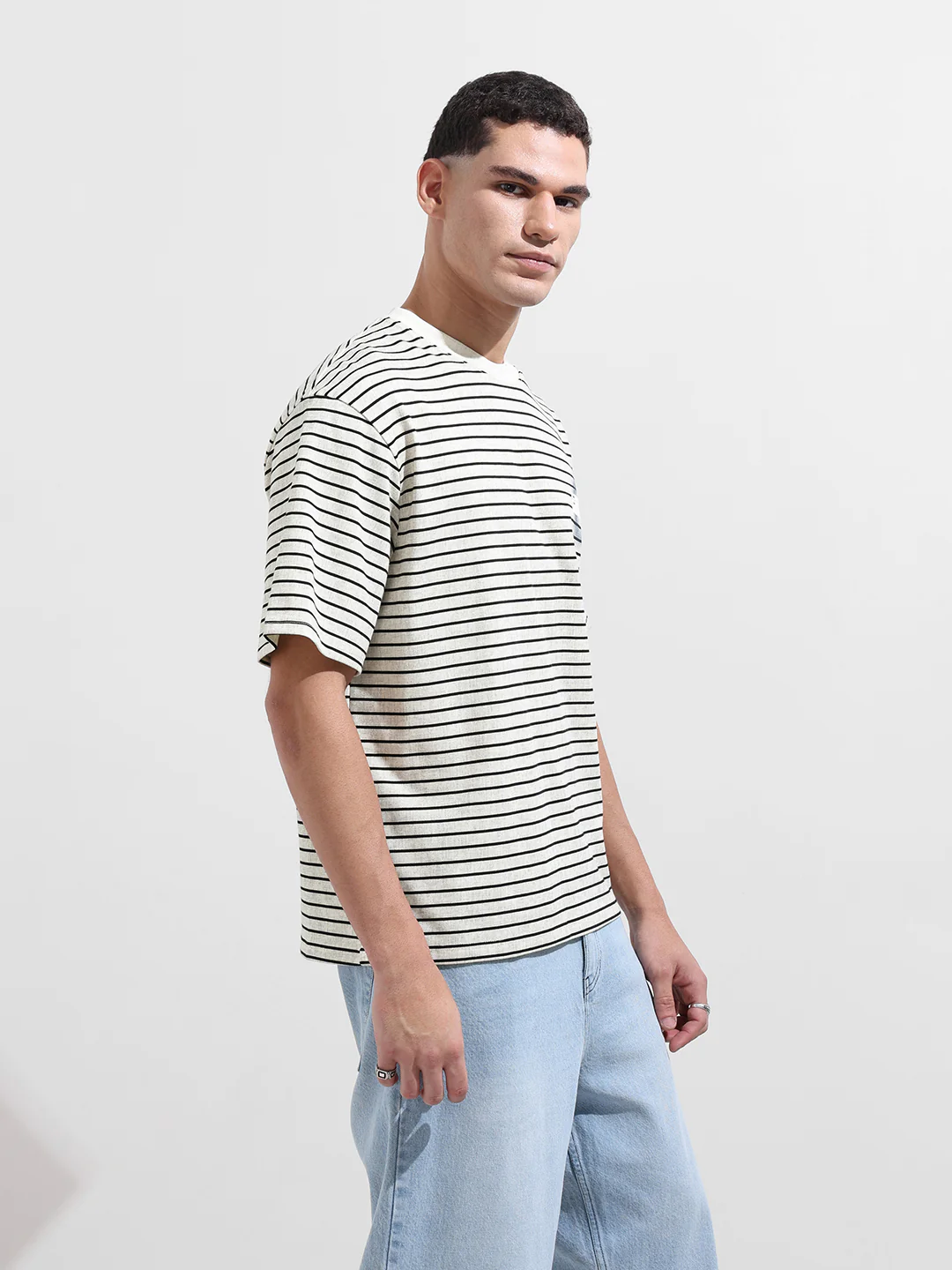Men's Grey Relaxed Fit Striped 240 GSM Street Wear T-Shirt - Image 6
