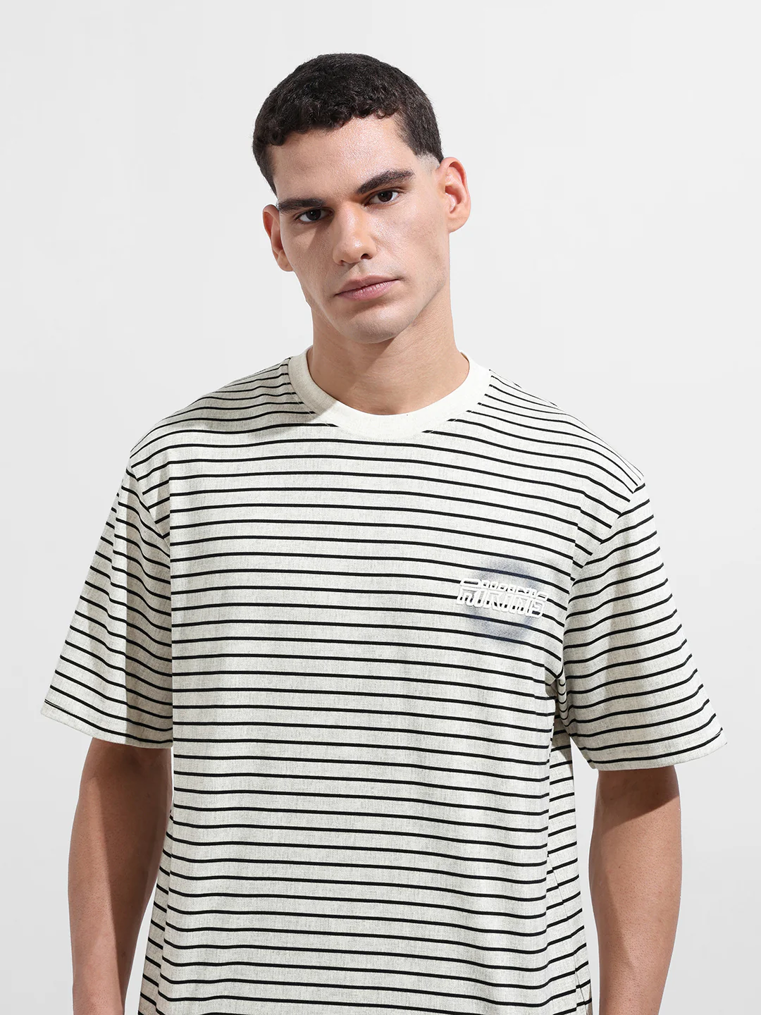 Men's Grey Relaxed Fit Striped 240 GSM Street Wear T-Shirt - Image 7