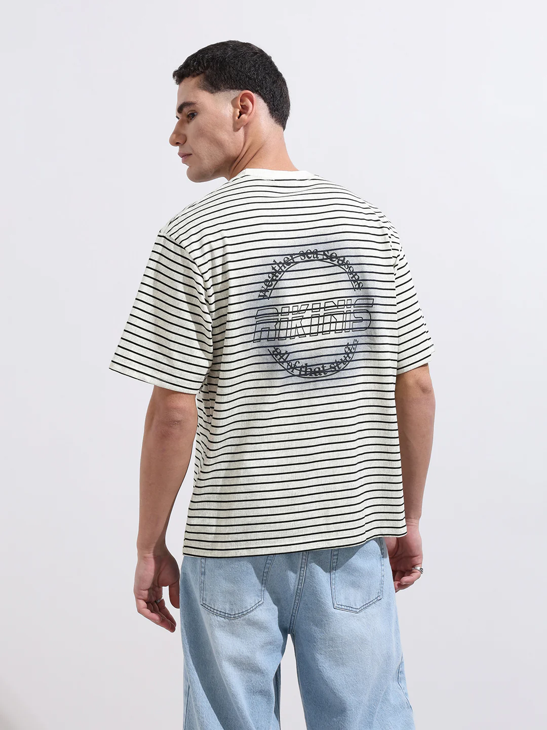Men's Grey Relaxed Fit Striped 240 GSM Street Wear T-Shirt - Image 8