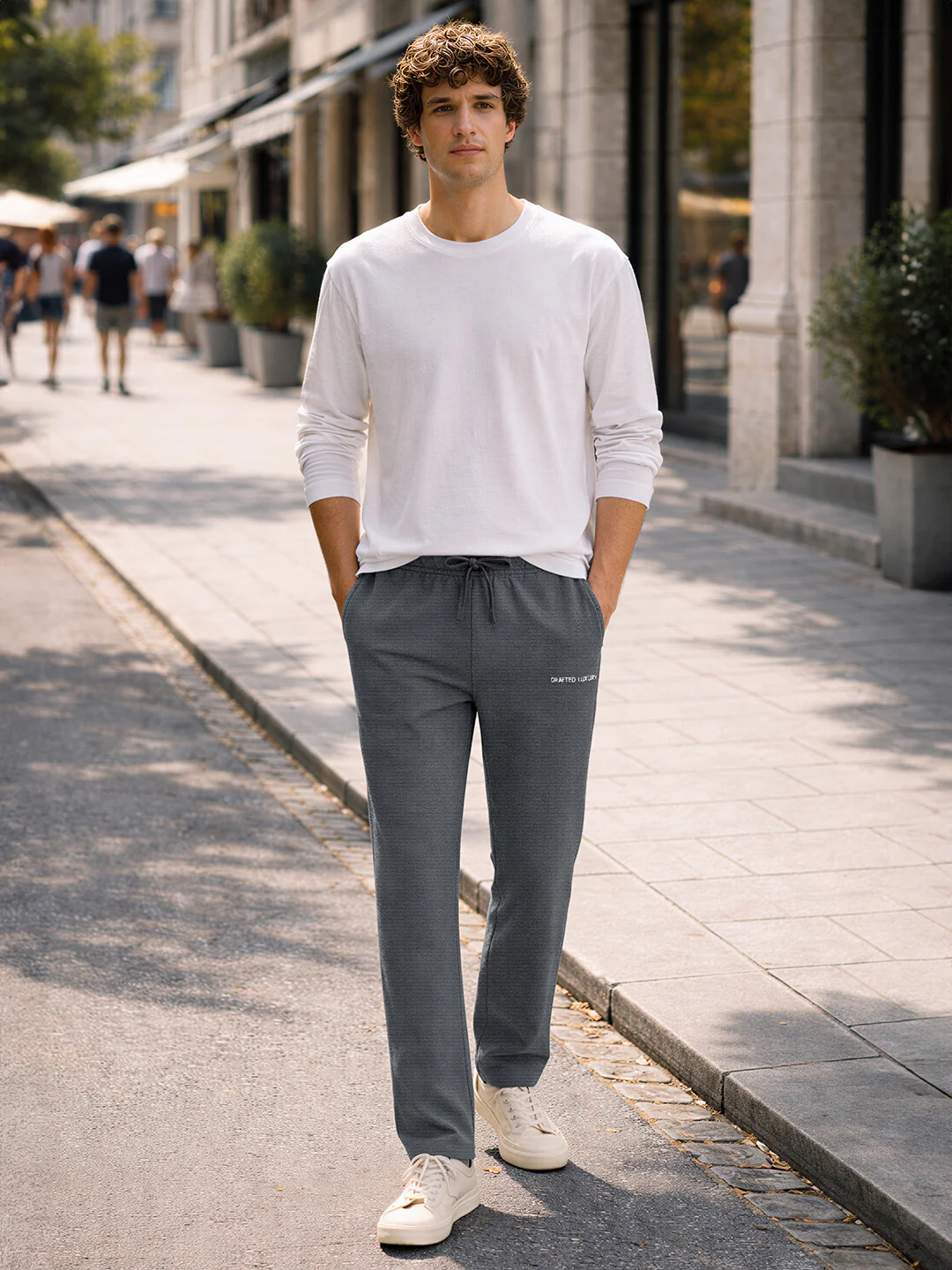 Men's Grey Relaxed Fit Textured Casual Joggers - Image 3