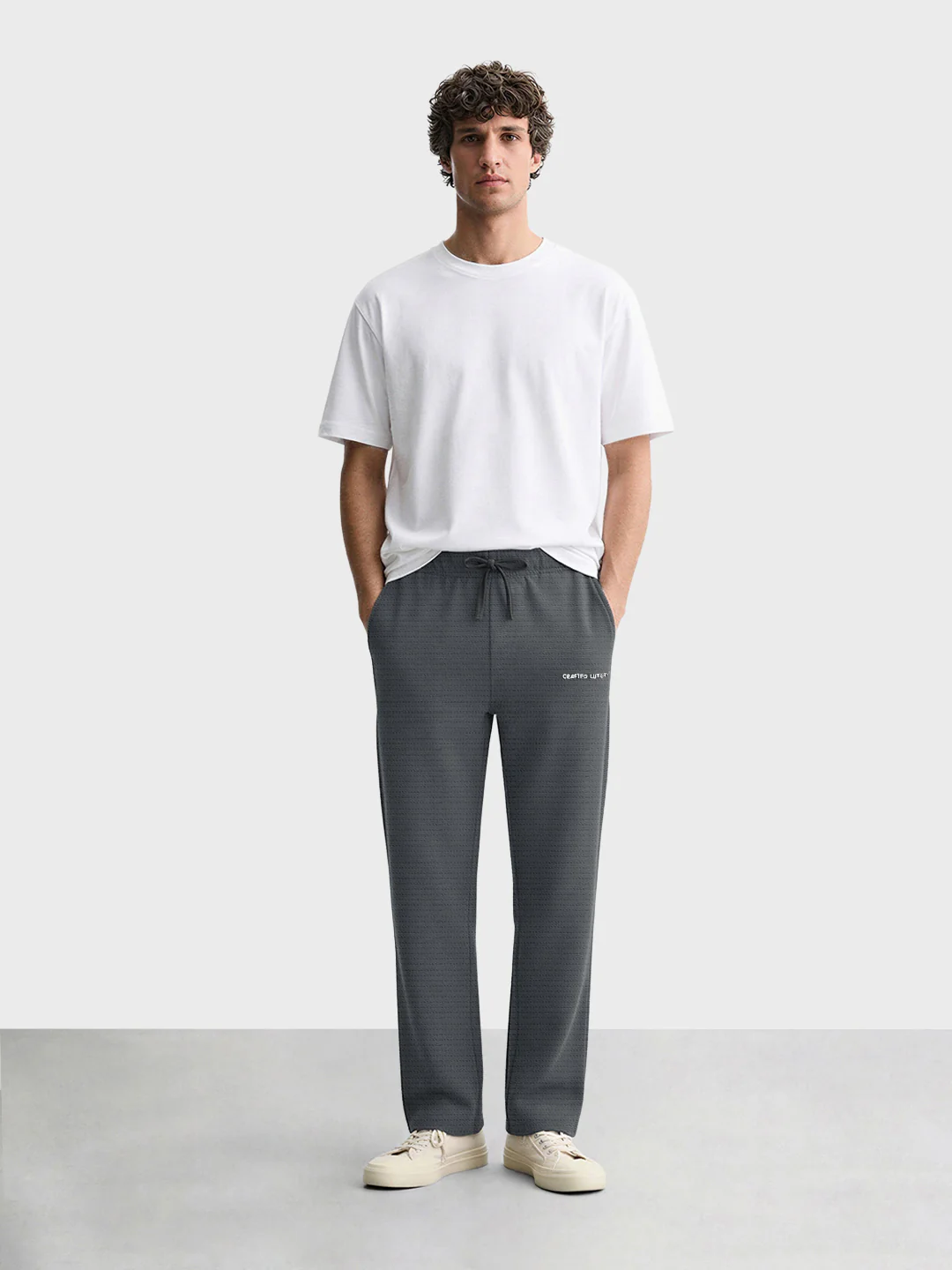Men's Grey Relaxed Fit Textured Casual Joggers - Image 5