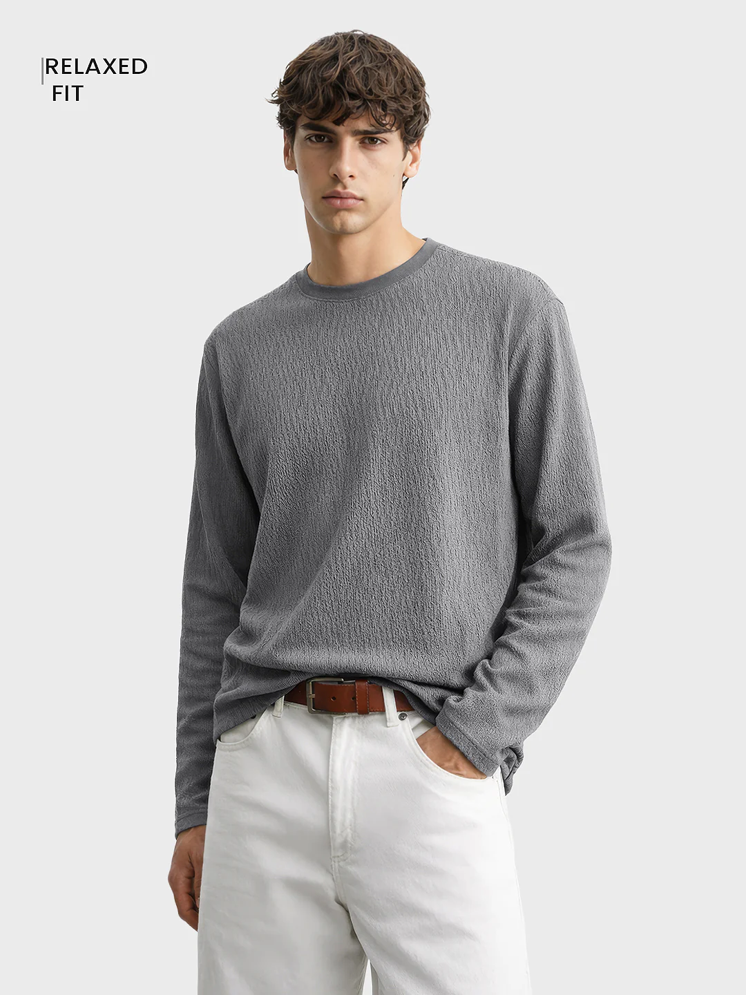 Men's Grey Relaxed Fit Textured Casual T-Shirts - Image 2