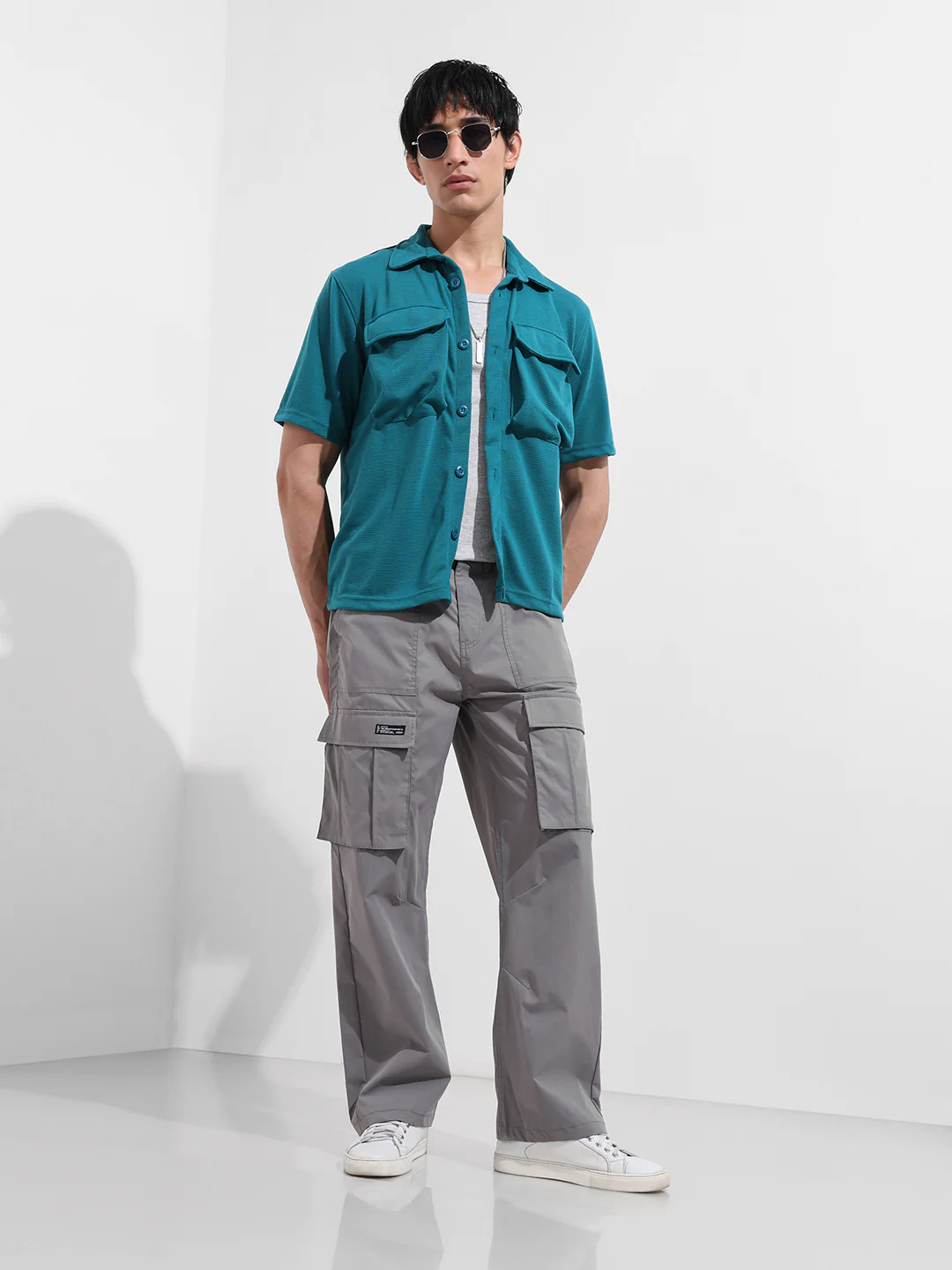 Men's Grey Relaxed Fit Textured Utility Cargo - Image 2