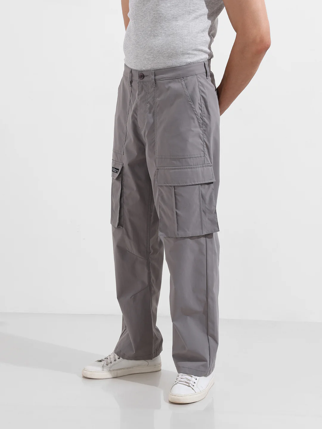 Men's Grey Relaxed Fit Textured Utility Cargo - Image 3