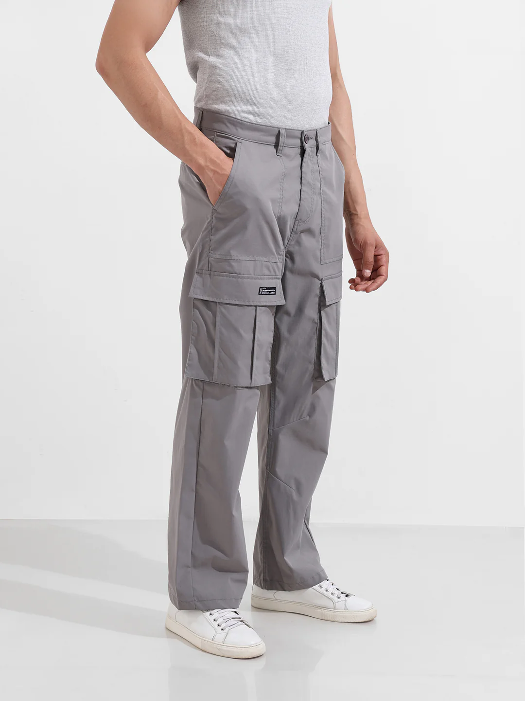 Men's Grey Relaxed Fit Textured Utility Cargo - Image 4