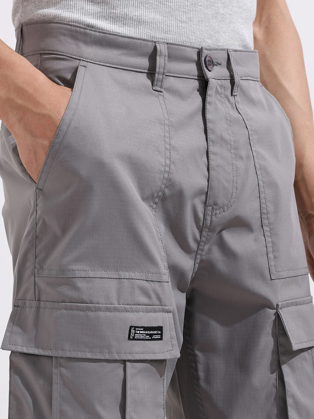 Men's Grey Relaxed Fit Textured Utility Cargo - Image 5