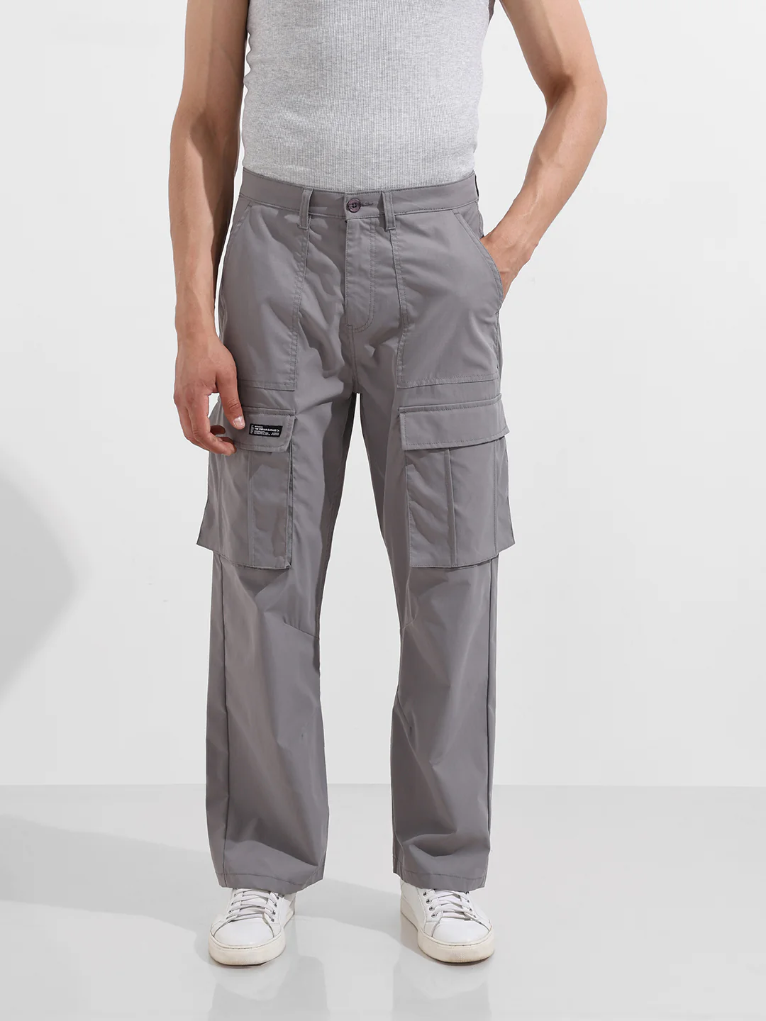 Men's Grey Relaxed Fit Textured Utility Cargo - Image 6