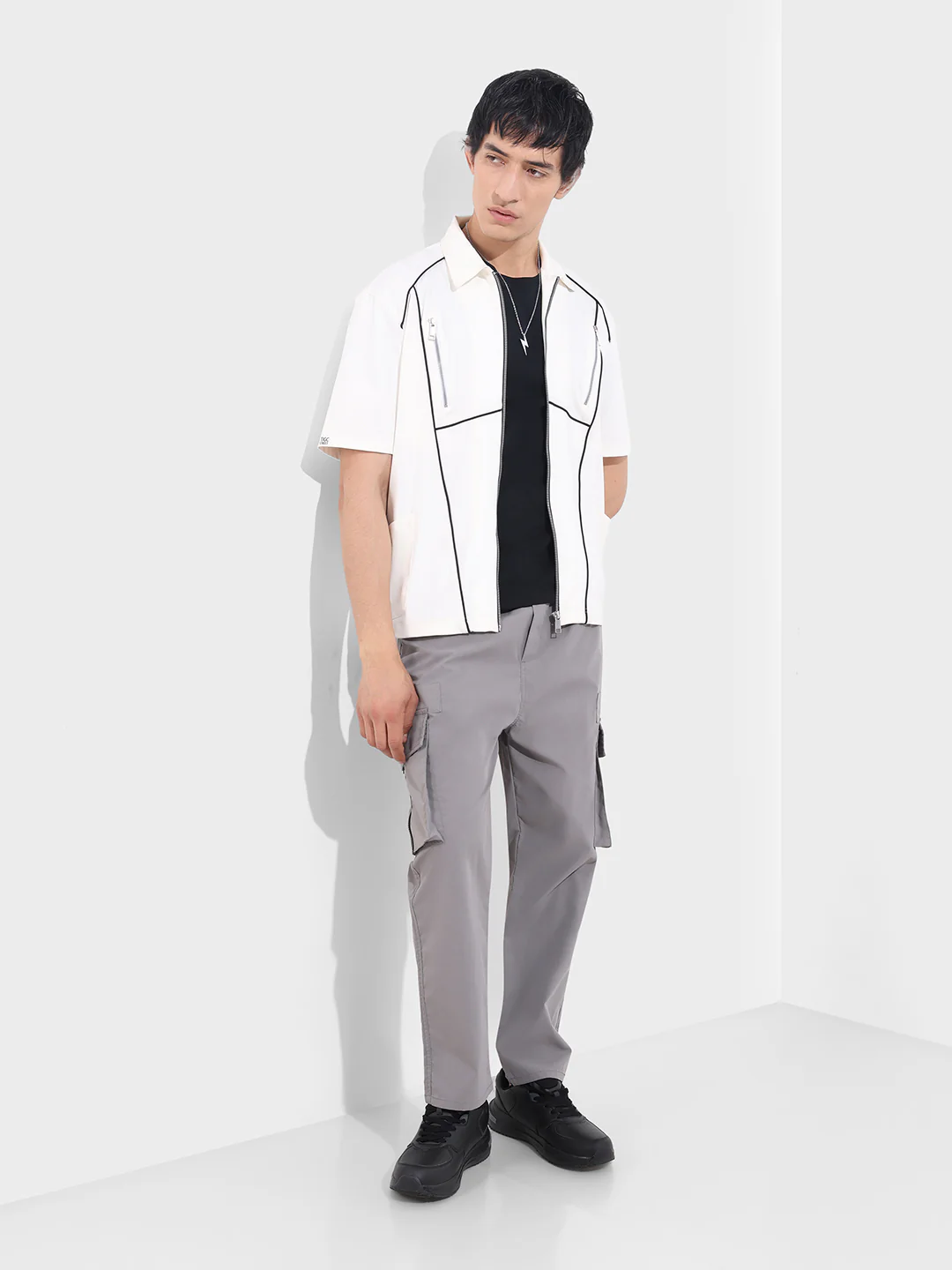 Men's Grey Relaxed Fit Textured Utility Joggers - Image 2