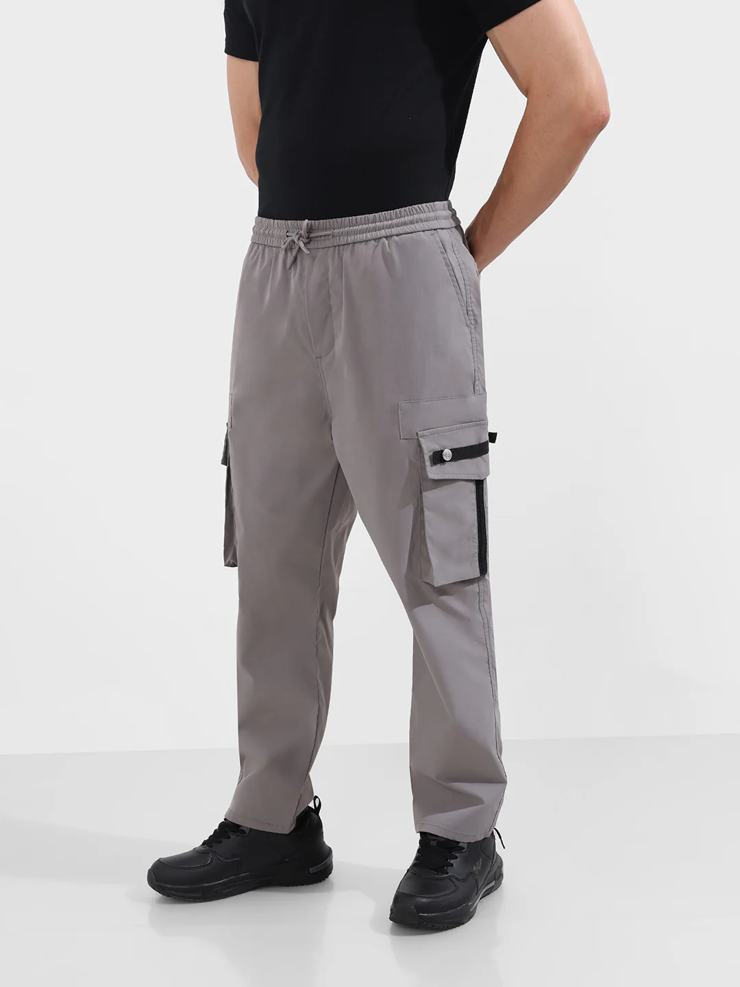 Men's Grey Relaxed Fit Textured Utility Joggers - Image 3