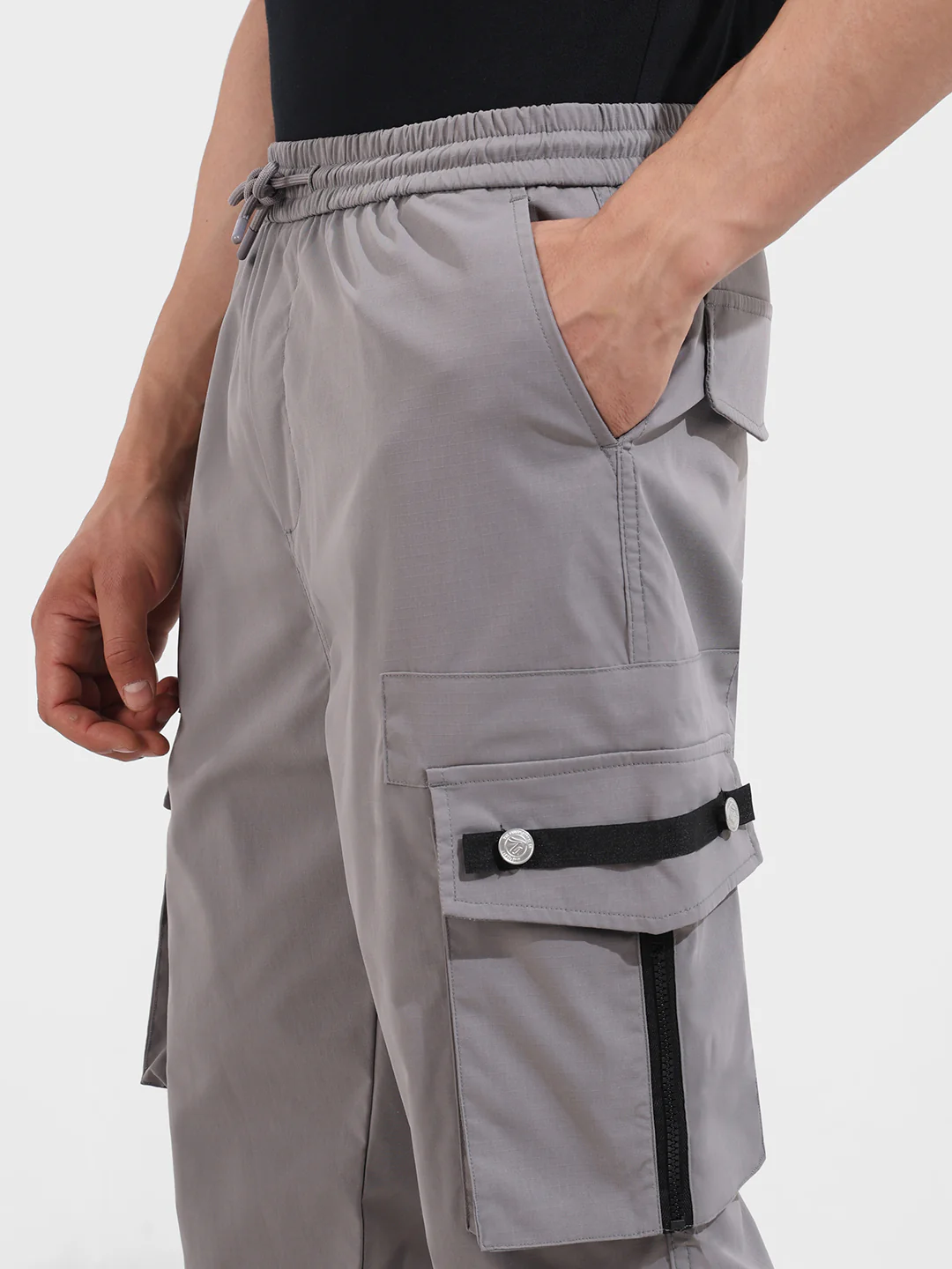 Men's Grey Relaxed Fit Textured Utility Joggers - Image 4
