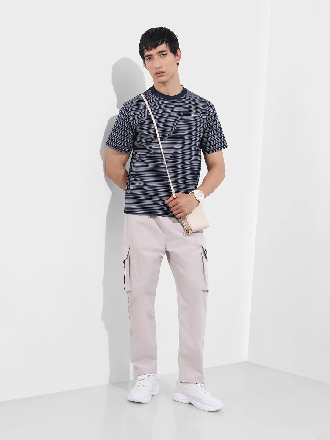 Men's Grey Relaxed Fit Textured Utility Joggers - Image 2