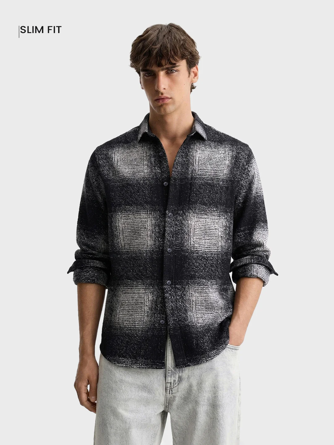 Men's Grey Slim Fit Checked Casual Shirt - Image 2
