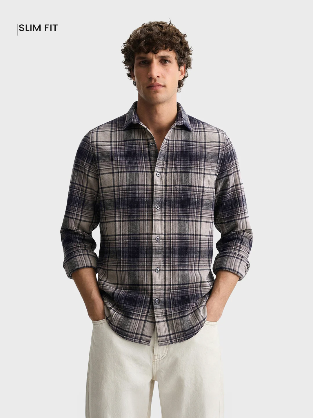 Men's Grey Slim Fit Checked Casual Shirt - Image 2