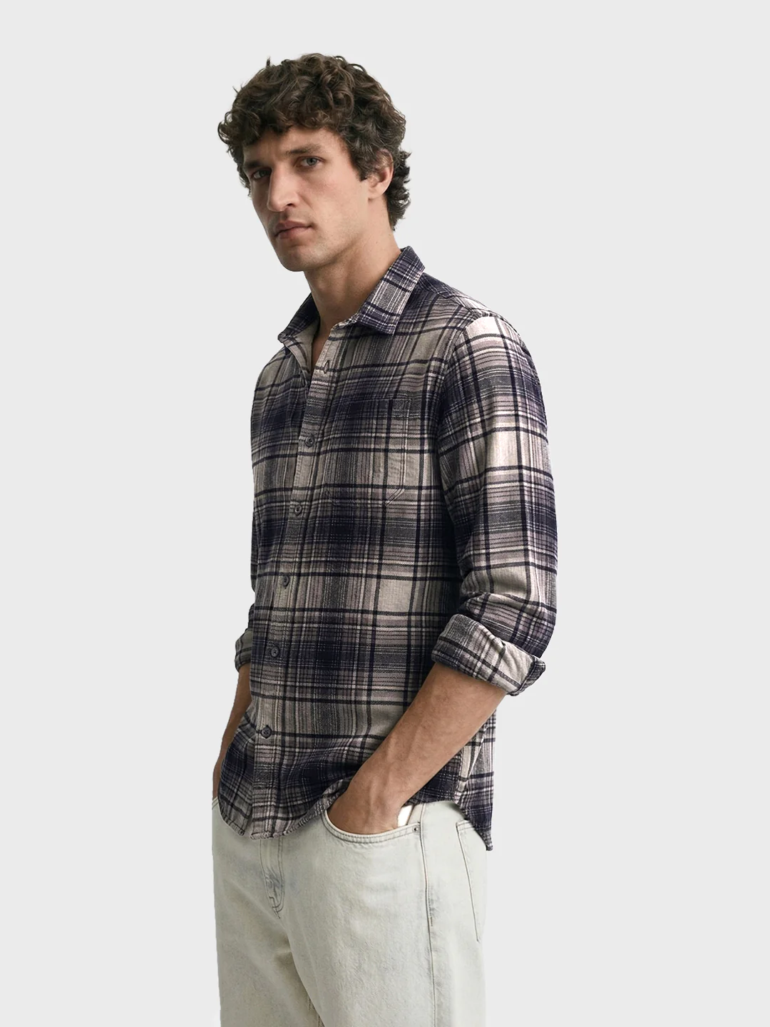 Men's Grey Slim Fit Checked Casual Shirt - Image 4