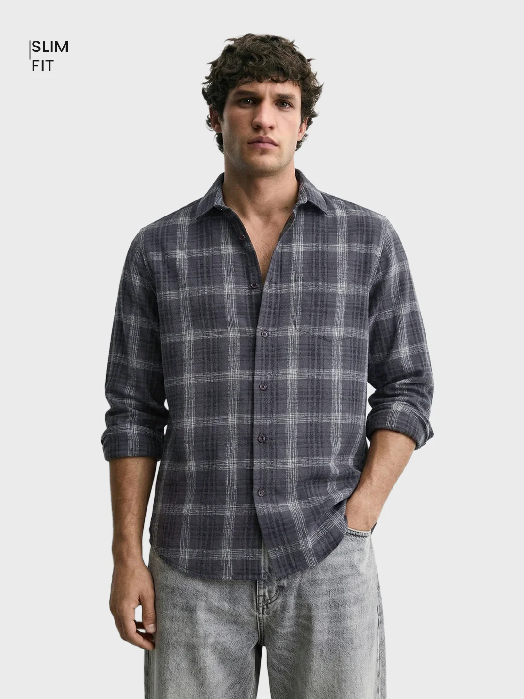 Men's Grey Slim Fit Checkered Casual Shirt - Image 2